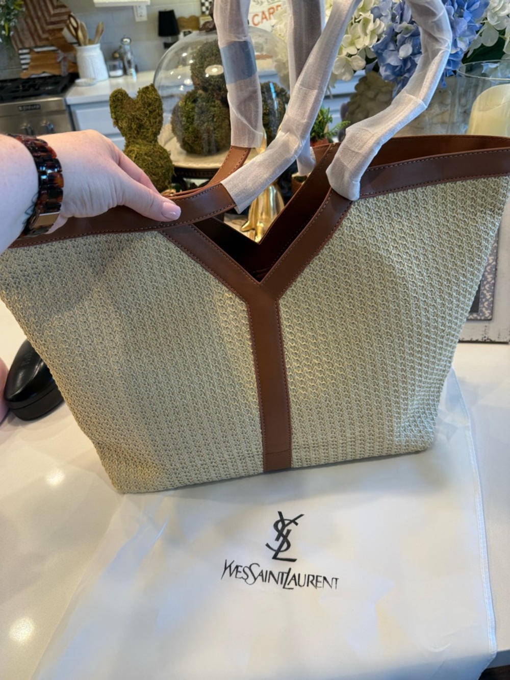 YSL Look Alike Designer Beige and Brown Raffia Tote Bag
